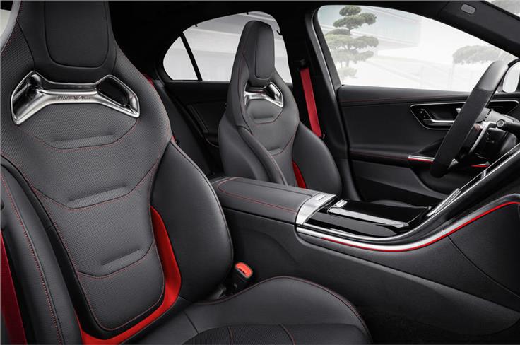 Sporty bucket seats at the front are standard equipment on the 2022 Mercedes-Benz C43 AMG.